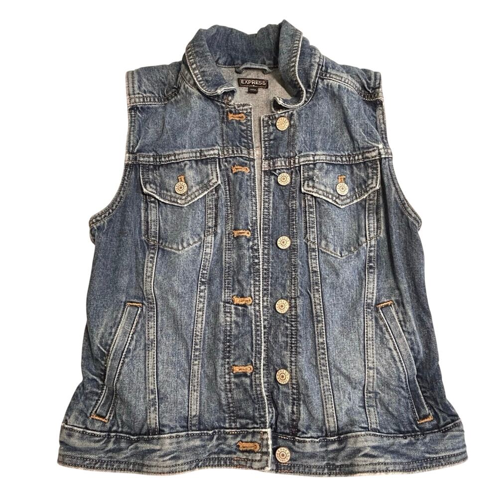 Express denim vest, dark wash, button-front closure, chest pockets 100% Cotton